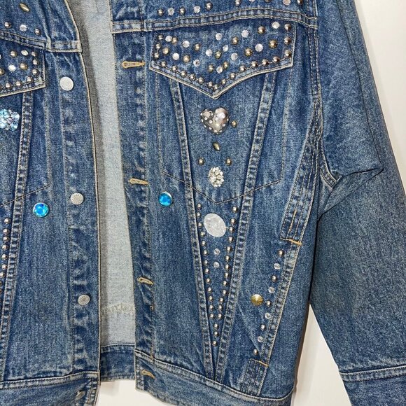 Vintage Freego Womens Denim Jacket Blue Size Medium Embellished Button Cotton - Picture 12 of 16